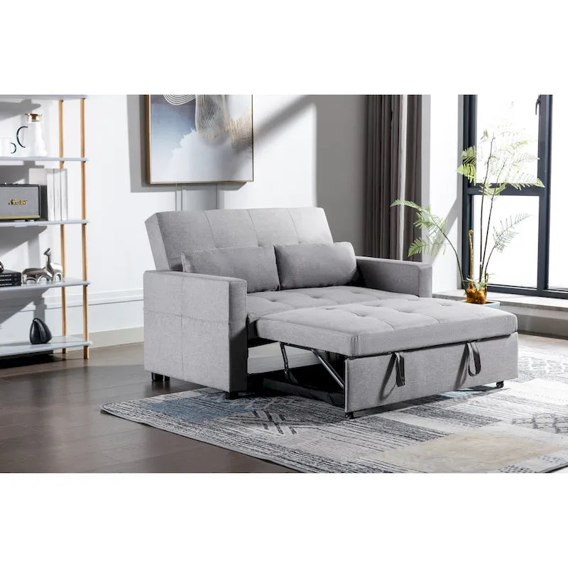 55.12 3-in-1 Linen Loveseat Convertible Sofa Bed with Side Pocket and Pillows