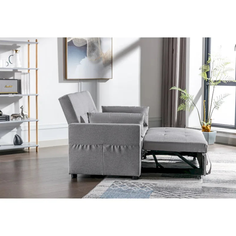 55.12 3-in-1 Linen Loveseat Convertible Sofa Bed with Side Pocket and Pillows