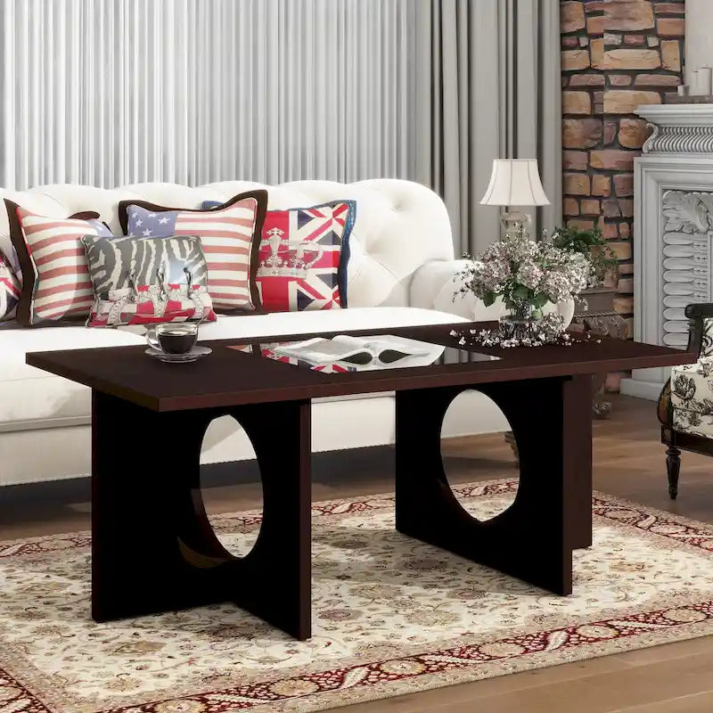 47 Contemporary Wood Rectangular Coffee Table with Clear Tempered Glass Top, Black and Light Espresso Top