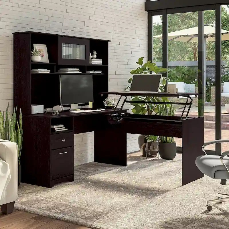 60W 3-position L-shaped Sit to Stand Desk with Hutch