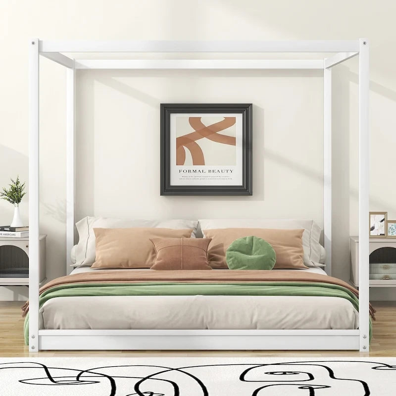 Modern Low Canopy Platform Bed, Wooden Canopy Bed Frame with Support Legs, for Kids Teens Adults, No Box Spring Needed