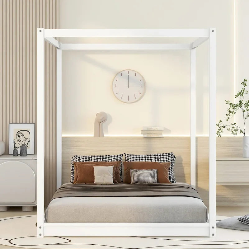 Modern Low Canopy Platform Bed, Wooden Canopy Bed Frame with Support Legs, for Kids Teens Adults, No Box Spring Needed