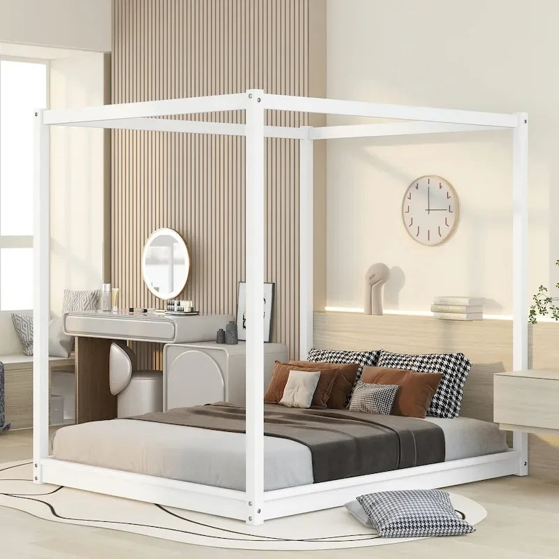 Modern Low Canopy Platform Bed, Wooden Canopy Bed Frame with Support Legs, for Kids Teens Adults, No Box Spring Needed