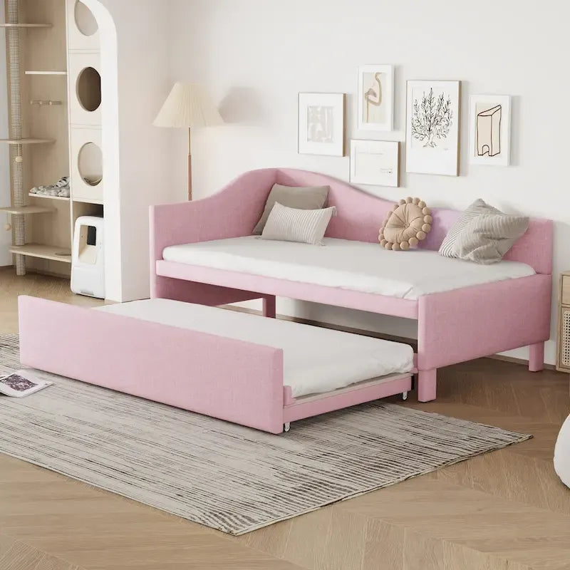 Twin Size Upholstered L-Shaped Upholstered Daybed with Pop Up Trundle, Pink