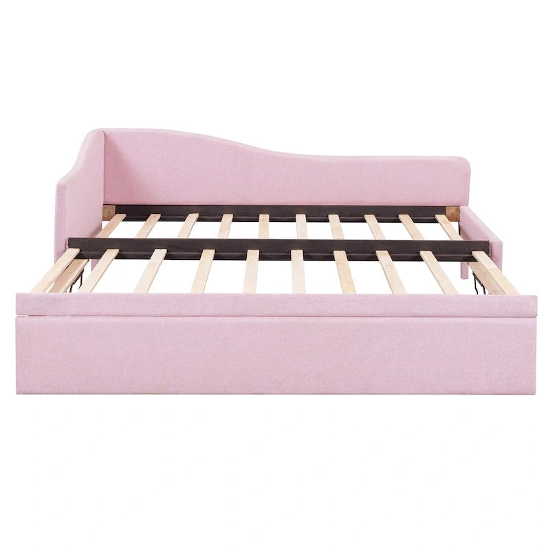 Twin Size Upholstered L-Shaped Upholstered Daybed with Pop Up Trundle, Pink