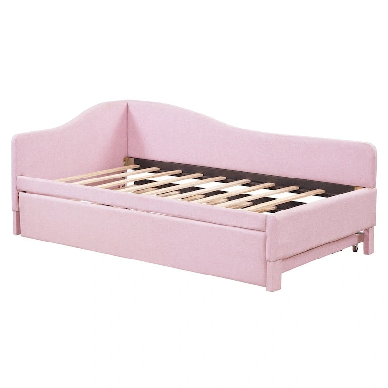 Twin Size Upholstered L-Shaped Upholstered Daybed with Pop Up Trundle, Pink