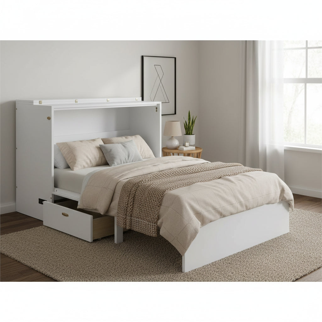 Queen Size Foldable Murphy Bed with Storage Drawers & USB Charging,Space Saving Wall Bed