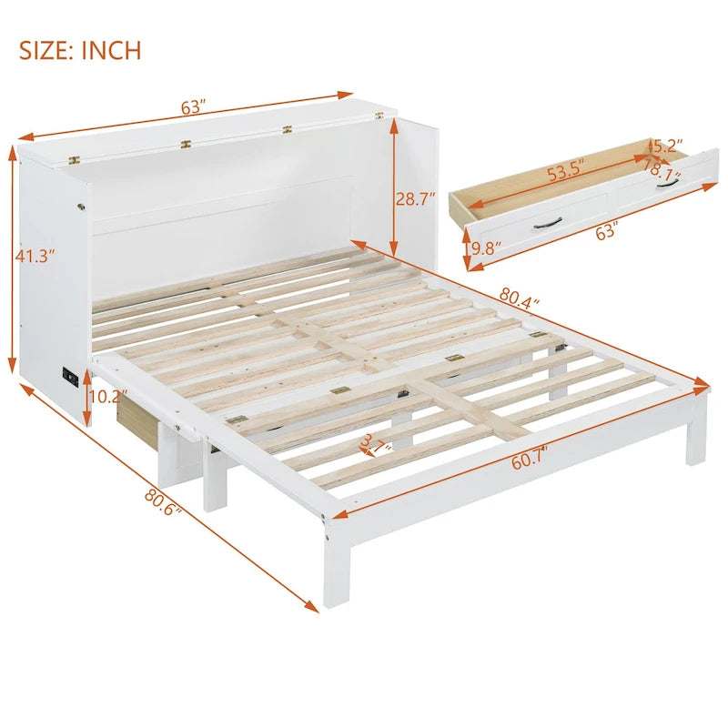Lit escamotable Queen Size avec tiroirs de rangement et recharge USB, lit mural peu encombrant