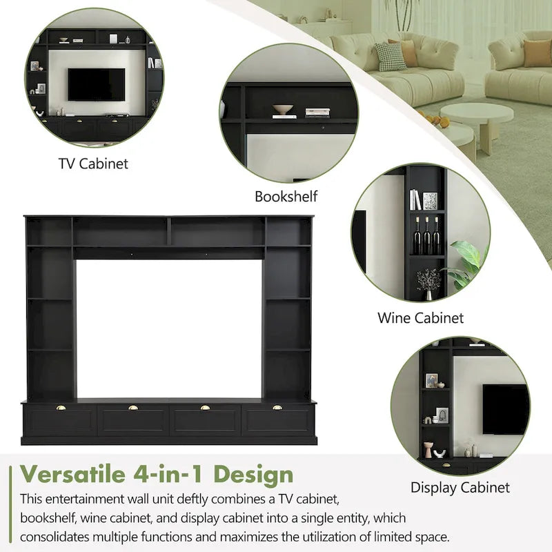 Black 104.2 Large Wall Unit with Bookshelves & Cabinets for TVs Up to 78