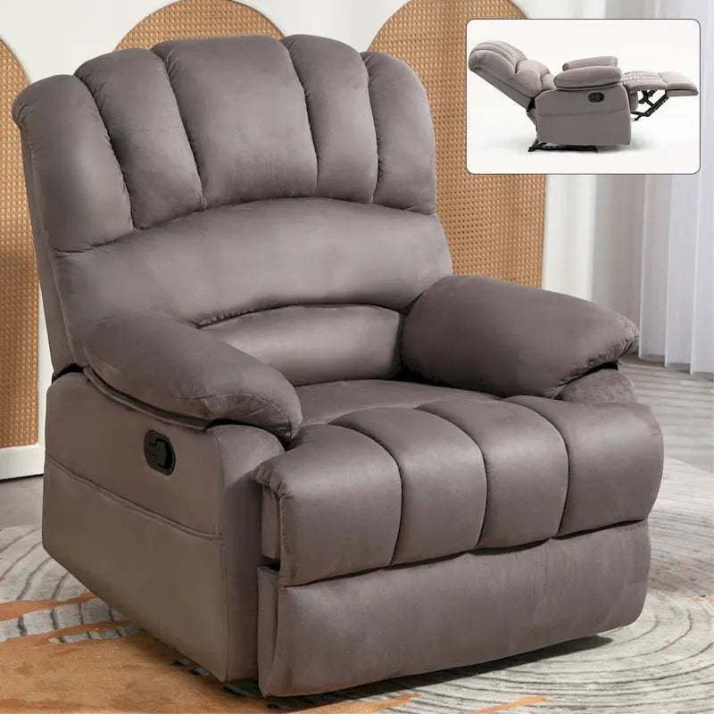Fauteuil inclinable manuel surdimensionné marron avec inclinaison à 155°, assemblage facile et design généreux pour votre salon.