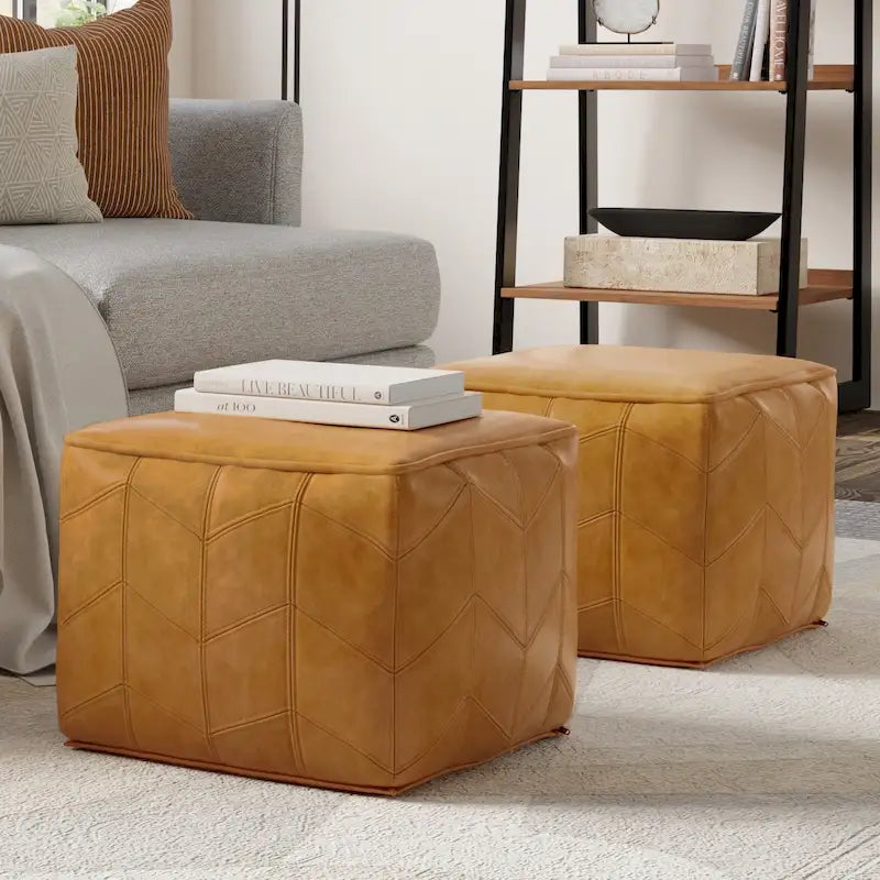 Pouf carré contemporain en cuir véritable marron
