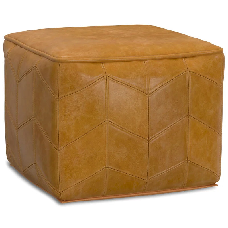 Pouf carré contemporain en cuir véritable marron
