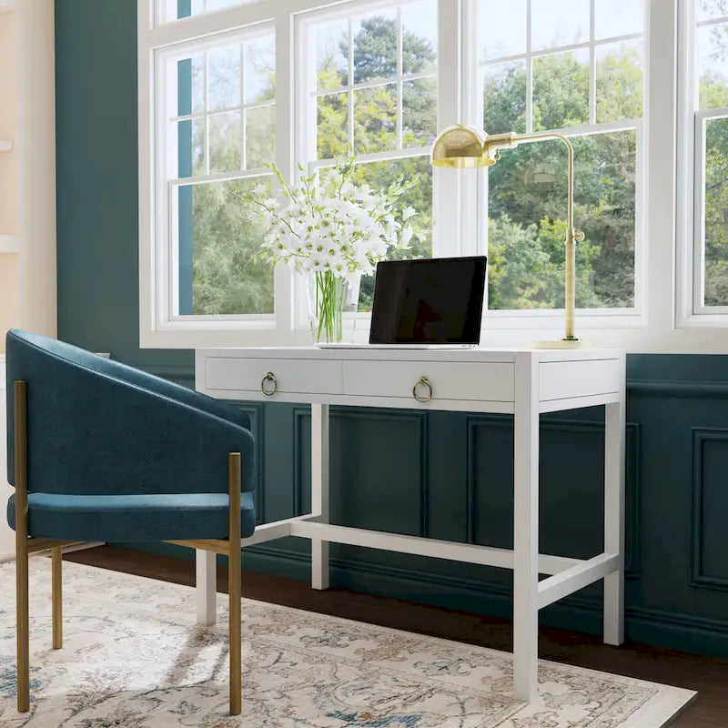 Bureau d'écriture 2 tiroirs marron/blanc/bleu – Acacia et MDF, Simple