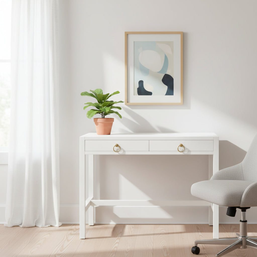 Bureau d'écriture 2 tiroirs marron/blanc/bleu – Acacia et MDF, Simple