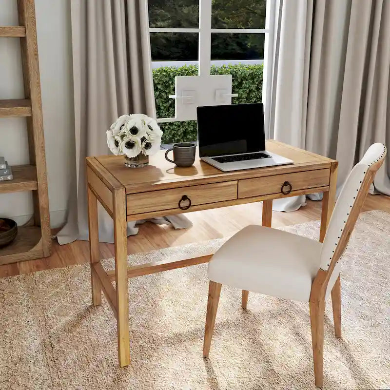 Bureau d'écriture 2 tiroirs marron/blanc/bleu – Acacia et MDF, Simple