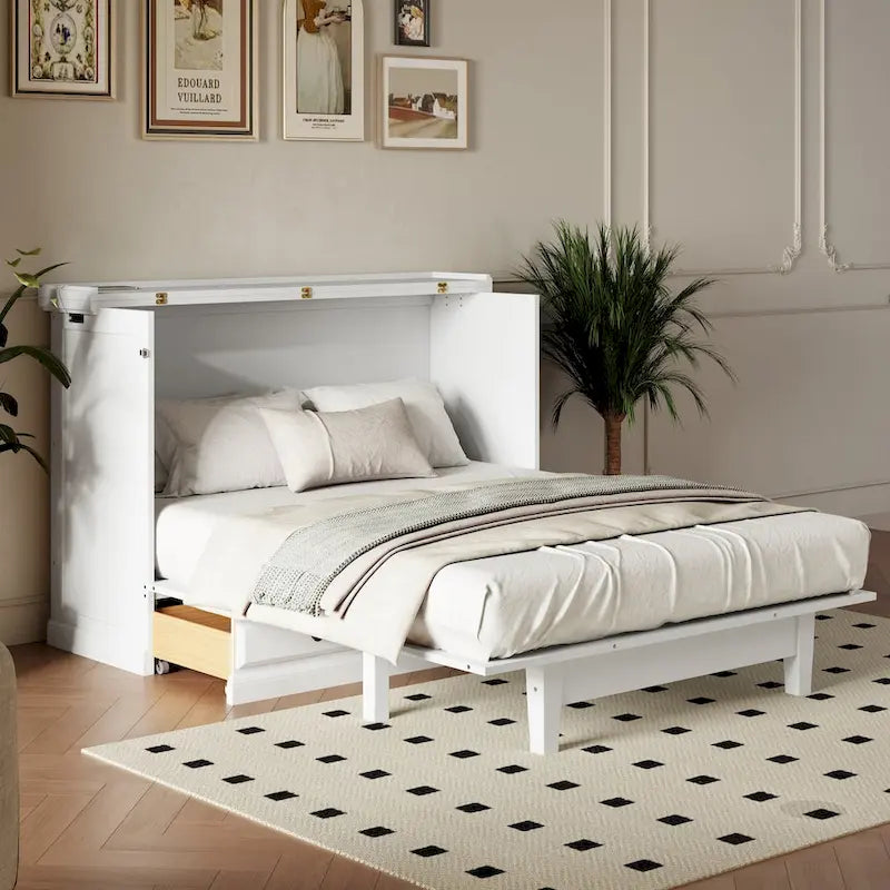 Solid Pine Murphy Bed Chest Cube Cabinet Bed with Charging Station and Large Storage Drawer for Home Office or Small Room,Queen